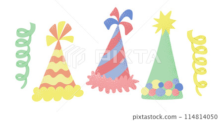 Set of hand drawn colored birthday bonnets and serpentine for other holiday in flat candy pastel colors. Vector holiday illustration isolated on white background. 114814050