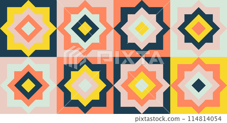 Modern vector abstract geometric seamless background with diamond and star in retro scandinavian style. Pastel colored shapes graphic pattern.  114814054