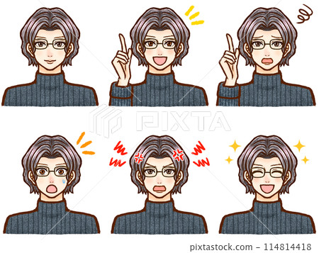 Illustration set of a black-haired adult man with glasses wearing a high-necked sweater 114814418