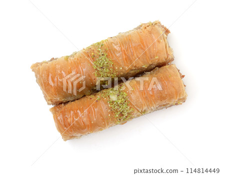 Pistachio cakes isolated on white. 114814449
