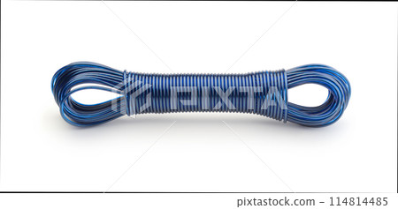 Roll of new blue nylon rope isolated. 114814485