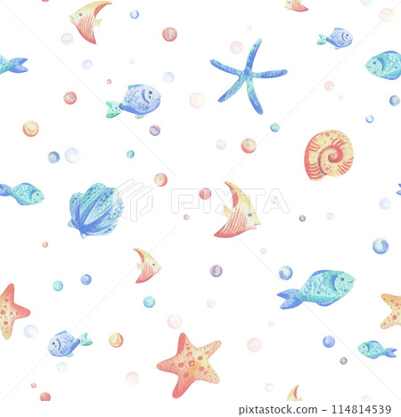 Various fish, starfish, shells and bubbles. Hand drawn watercolor illustration in blue and coral colors. Seamless pattern, childish, cute, gentle, simple for textiles and nursery decoration. 114814539