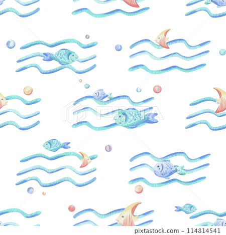 Sea waves, various fish and bubbles. Hand drawn watercolor illustration in blue and coral colors. Seamless pattern, childish, cute, gentle, simple for textiles and nursery decoration. 114814541
