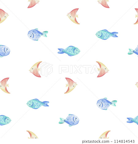 Various sea fish, simple, cartoonish. Watercolor illustration hand drawn with pastel colors turquoise, blue, mint, coral, peach. Seamless simple pattern children's Various sea fish, simple, cartoonish. Watercolor illustration hand drawn with pastel colors turquoise, blue, mint, coral, peach. Seamless simple pattern children's 114814543