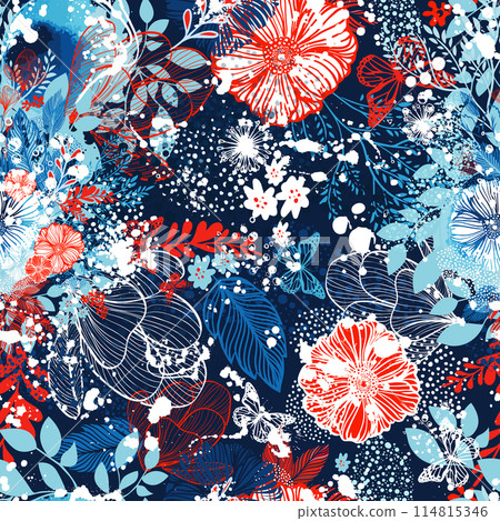 Seamless floral background blue and red flowers. hand drawing. Not AI, Vector illustration Seamless floral background blue and red flowers. hand drawing. Not AI, Vector illustration 114815346
