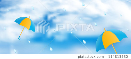 Poster template for Great Monsoon Sale design with colorful umbrellas flying in the clouds. Vector 114815380
