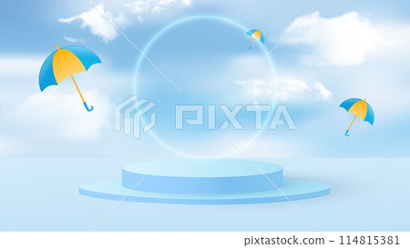 Round podium for displaying products during the rainy season. Design with realistic clouds and flying colorful umbrellas. Vector Round podium for displaying products during the rainy season. Design with realistic clouds and flying colorful umbrellas. Vector 114815381