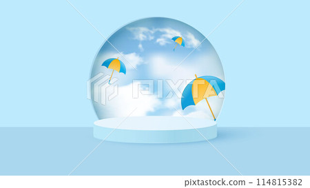 Round podium for displaying products during the rainy season. Design with realistic clouds and flying colorful umbrellas. 114815382