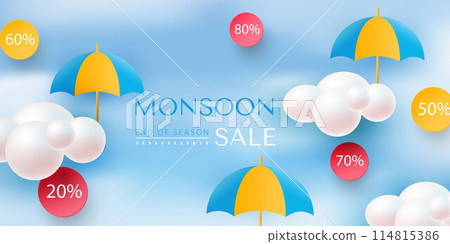 Monsoon Sale offers banner template header with realistic clouds and colorful umbrellas in the sky. Vector 114815386