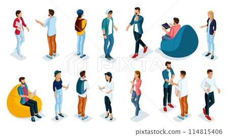 Trendy Isometric young people, teenagers and students. Creative people in the modern hipster clothing, shoes, jeans, hats, with modern gadgets, Freelancers on white background isolated. 114815406