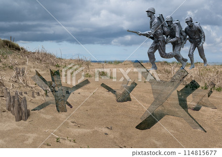 Normandy France D-Day ghost soldiers sculptures and hedgehogs photomontage at WWII Utah Beach. Veterans Day rememberance. High quality photomontage 114815677