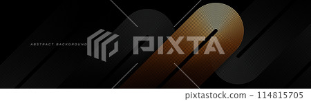Black abstract background with glowing golden geometric lines. Luxury dark diagonal rounded lines pattern. Elegant design. Suit for header, cover, presentation, website, banner, wallpaper 114815705