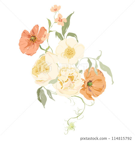 Watercolor abstract flower bouquet of poppy, narcissus and peony. Hand drawn floral card of wildflowers isolated on white background. Holiday Illustration for design, print, fabric or background. 114815792