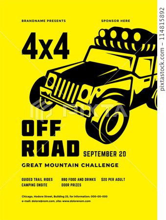 Off road truck competition poster or flyer event modern typography design template and 4x4 suv car silhouette. 114815892
