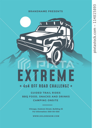 Off road truck competition poster or flyer event modern typography design template and 4x4 suv car silhouette. 114815893