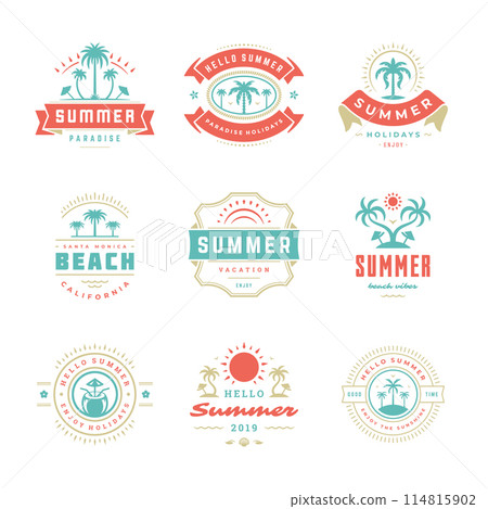 Summer holidays labels and badges retro typography design set. 114815902