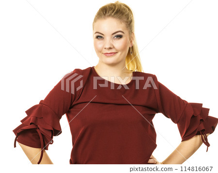 Stylish woman wearing burgundy top Stylish woman wearing burgundy top 114816067