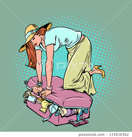 Pop Art Retro A girl packs her suitcase for a summer vacation. Organizing luggage for the flight. Buying the best air tickets. 114816362