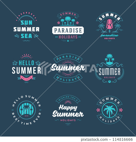 Summer holidays labels and badges retro typography design set. 114816666