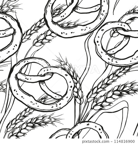 vector seamless pattern of ears of wheat, bakery pretzel or bretzel, hand drawn sketch of crispy bread with sesame seed branches of wheat, agriculture theme, black and white sketch white background vector seamless pattern of ears of wheat, bakery pretzel or bretzel, hand drawn sketch of crispy bread with sesame seed branches of wheat, agriculture theme, black and white sketch white background 114816900