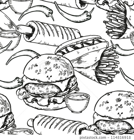 vector seamless pattern with fast food, burger, French fries in craft paper, garlic, sauce, pepper, hand drawn sketch of street food, black and white ink illustration isolated on white background 114816918
