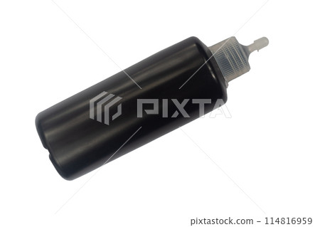 Black plastic bottle with stopper, spout, dispenser, from under medical product, aqueous solution of hydrogen peroxide or another medicinal liquid isolated on transparent white background, blank 114816959