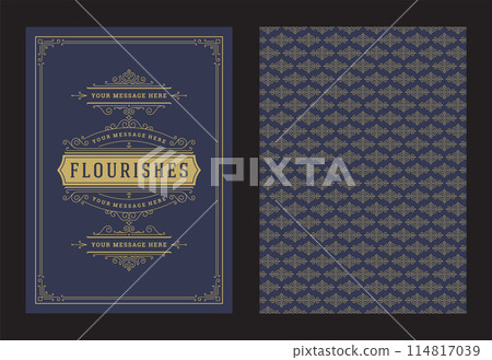 Vintage ornament greeting card calligraphic ornate swirls and vignettes frame design vector template Vintage ornament greeting card calligraphic ornate swirls and vignettes frame design vector template 114817039