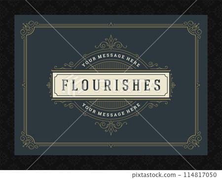 Vintage ornament greeting card calligraphic ornate swirls and vignettes frame design vector template Vintage ornament greeting card calligraphic ornate swirls and vignettes frame design vector template 114817050