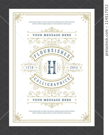 Vintage ornament greeting card calligraphic ornate swirls and vignettes frame design vector template Vintage ornament greeting card calligraphic ornate swirls and vignettes frame design vector template 114817052
