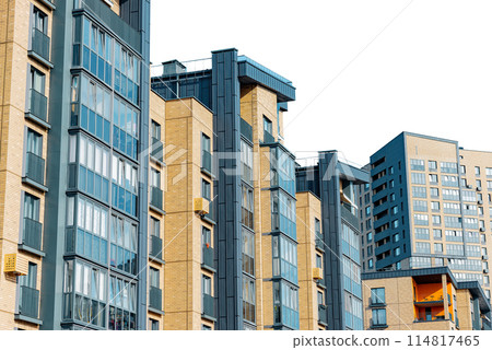 Urban living in highrise apartment complex, multi story condos with outdoor views. Modern 114817465