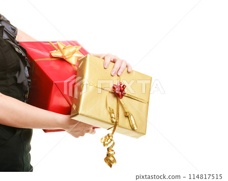 holidays love happiness concept - girl with gift boxes 114817515