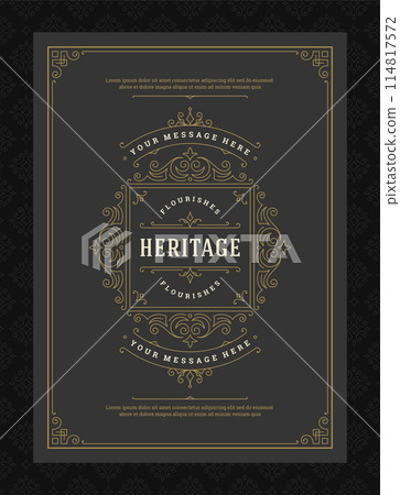 Vintage ornament greeting card calligraphic ornate swirls and vignettes frame design vector template Vintage ornament greeting card calligraphic ornate swirls and vignettes frame design vector template 114817572