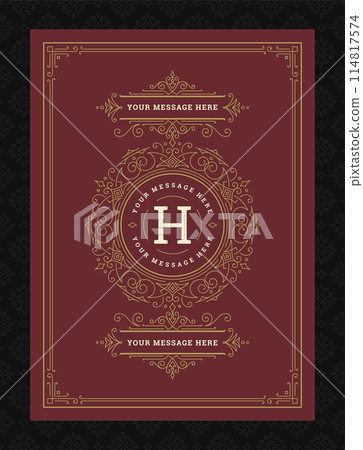 Vintage ornament greeting card calligraphic ornate swirls and vignettes frame design vector template Vintage ornament greeting card calligraphic ornate swirls and vignettes frame design vector template 114817574
