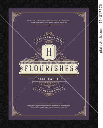 Vintage ornament greeting card calligraphic ornate swirls and vignettes frame design vector template Vintage ornament greeting card calligraphic ornate swirls and vignettes frame design vector template 114817576