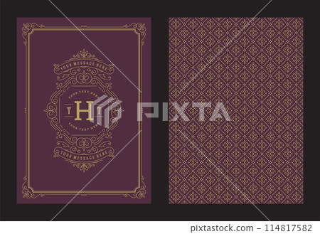 Vintage ornament greeting card calligraphic ornate swirls and vignettes frame design vector template Vintage ornament greeting card calligraphic ornate swirls and vignettes frame design vector template 114817582