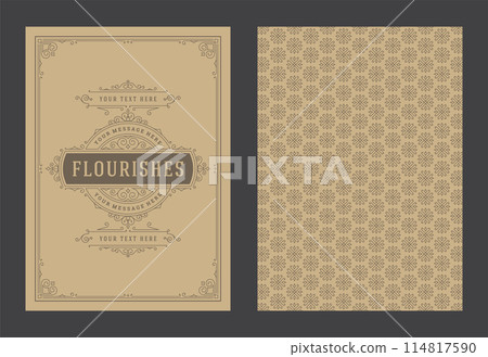 Vintage ornament greeting card calligraphic ornate swirls and vignettes frame design vector template Vintage ornament greeting card calligraphic ornate swirls and vignettes frame design vector template 114817590