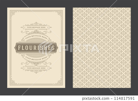 Vintage ornament greeting card calligraphic ornate swirls and vignettes frame design vector template Vintage ornament greeting card calligraphic ornate swirls and vignettes frame design vector template 114817591