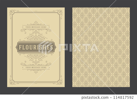 Vintage ornament greeting card calligraphic ornate swirls and vignettes frame design vector template Vintage ornament greeting card calligraphic ornate swirls and vignettes frame design vector template 114817592