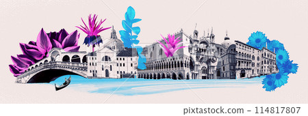 Contemporary artwork. Creative design in retro style. Color image if beautiful buildings in Venice. Vintage town. Concept of creativity, surrealism, imagination, futuristic landscape. Poster 114817807