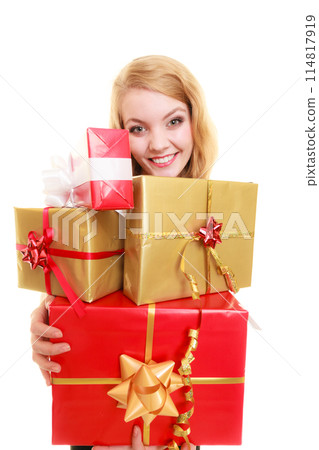 holidays love happiness concept - girl with gift boxes 114817919