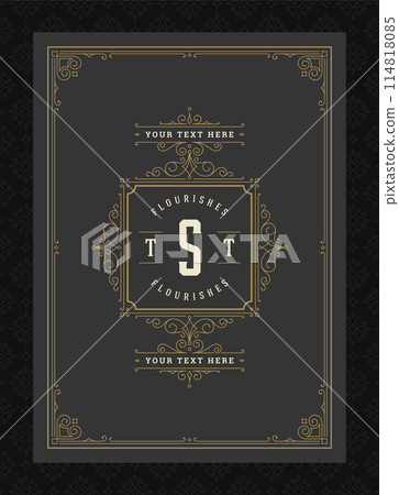 Vintage ornament greeting card calligraphic ornate swirls and vignettes frame design vector template Vintage ornament greeting card calligraphic ornate swirls and vignettes frame design vector template 114818085