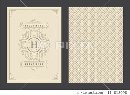 Vintage ornament greeting card calligraphic ornate swirls and vignettes frame design vector template Vintage ornament greeting card calligraphic ornate swirls and vignettes frame design vector template 114818098