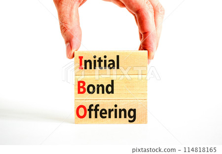 IBO initial bond offering symbol. Concept words IBO initial bond offering on beautiful wooden blocks. Beautiful white background. Business IBO initial bond offering concept. Copy space. 114818165