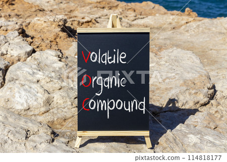 VOC volatile organic compound symbol. Concept words VOC volatile organic compound on beautiful yellow blackboard. Beautiful stone background. Business VOC volatile organic compound concept. Copy space 114818177
