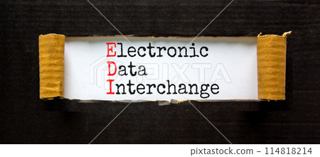 EDI electronic data interchange symbol. Concept words EDI electronic data interchange on white paper on a beautiful black background. Business and EDI electronic data interchange concept. Copy space. EDI electronic data interchange symbol. Concept words EDI electronic data interchange on white paper on a beautiful black background. Business and EDI electronic data interchange concept. Copy space. 114818214