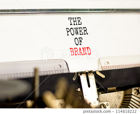 The power of brand symbol. Concept words The power of brand typed on beautiful old retro typewriter. Beautiful white background. Business the power of brand concept. Copy space. 114818222