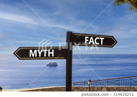 Fact or myth symbol. Concept word Myth and Fact on beautiful signpost with two arrows. Beautiful blue sea sky with clouds background. Business and fact or myth concept. Copy space. Fact or myth symbol. Concept word Myth and Fact on beautiful signpost with two arrows. Beautiful blue sea sky with clouds background. Business and fact or myth concept. Copy space. 114818251