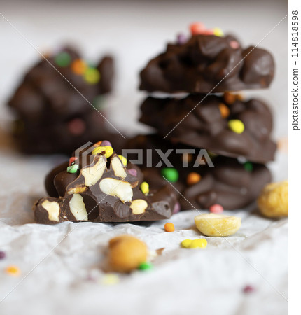 Almond Chocolate Clusters, selective focus.  114818598
