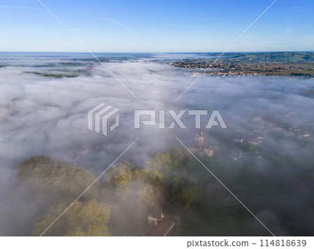 Aerial view of Bordeaux vineyard at sunrise spring under fog, Loupiac, Gironde, France 114818639