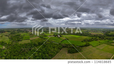 Aerial view of Bordeaux vineyard at spring under cloudy sky, Rions, Gironde, France 114818685